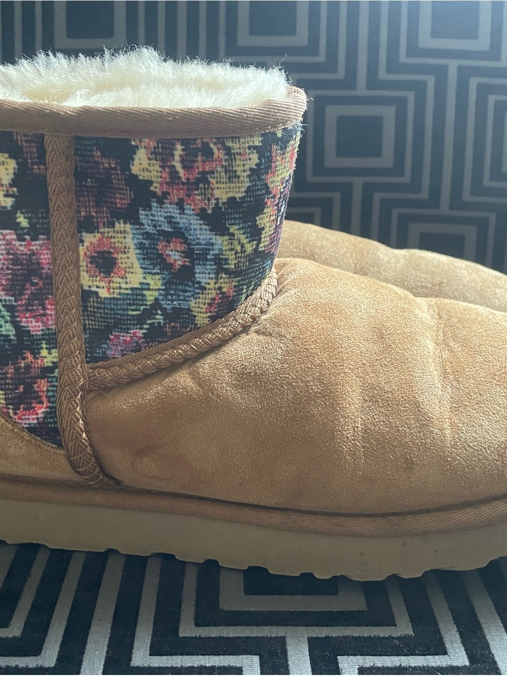 UGG Tan Suede Ankle Boot with Floral Tapestry Cuff